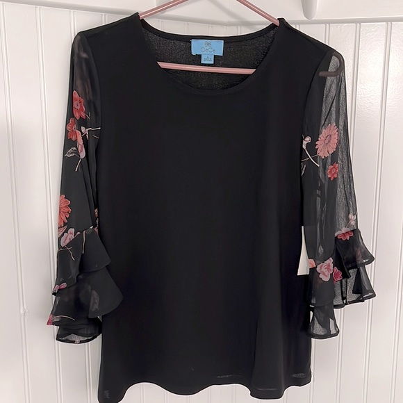 CECE Woman’s Floral Ruffled Sheer Sleeve Knit Blouse with Round Neckline - Picture 2 of 8